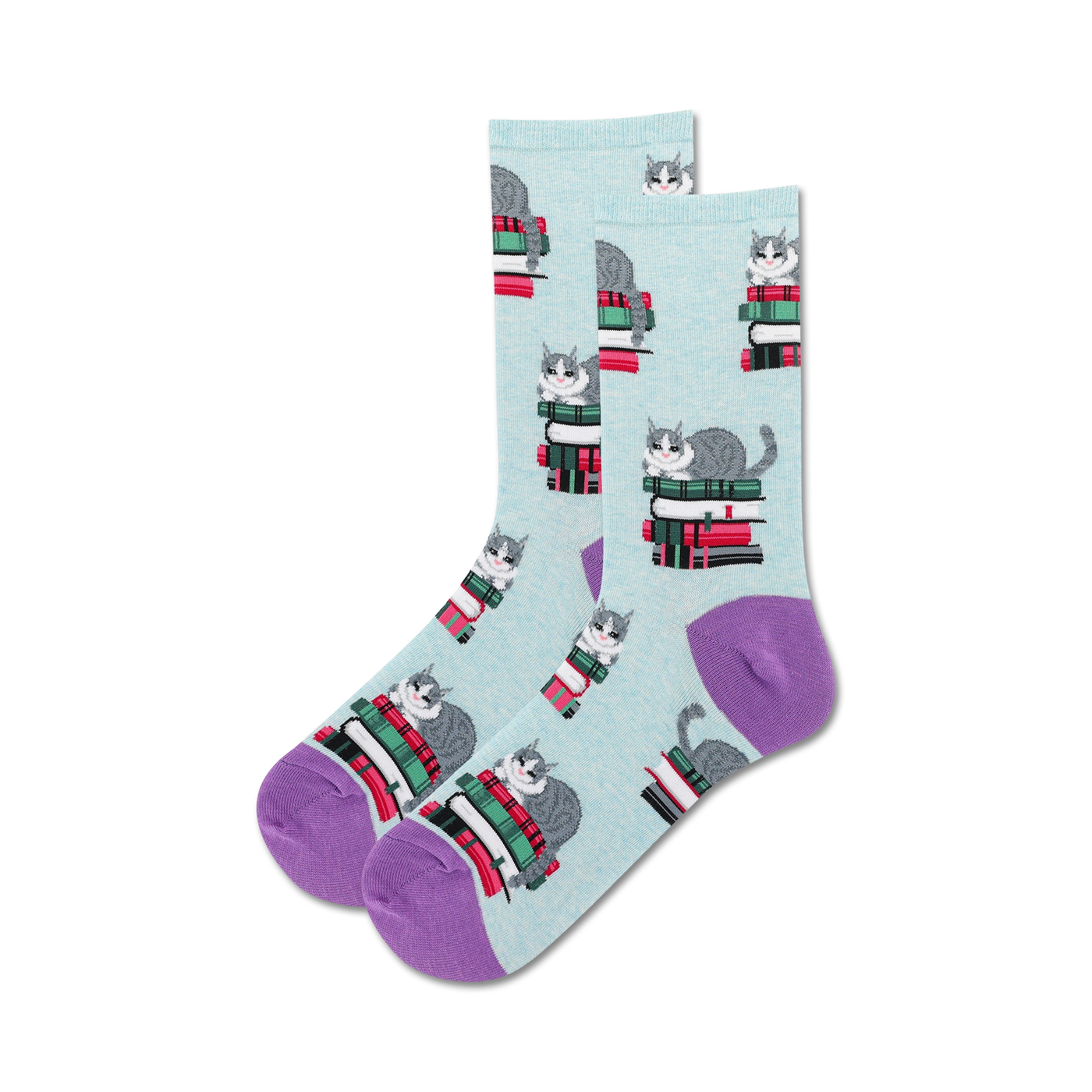 Pair of crew socks; light blue background, purple heel and toe; grey cat sitting on a stack of colorful books.
