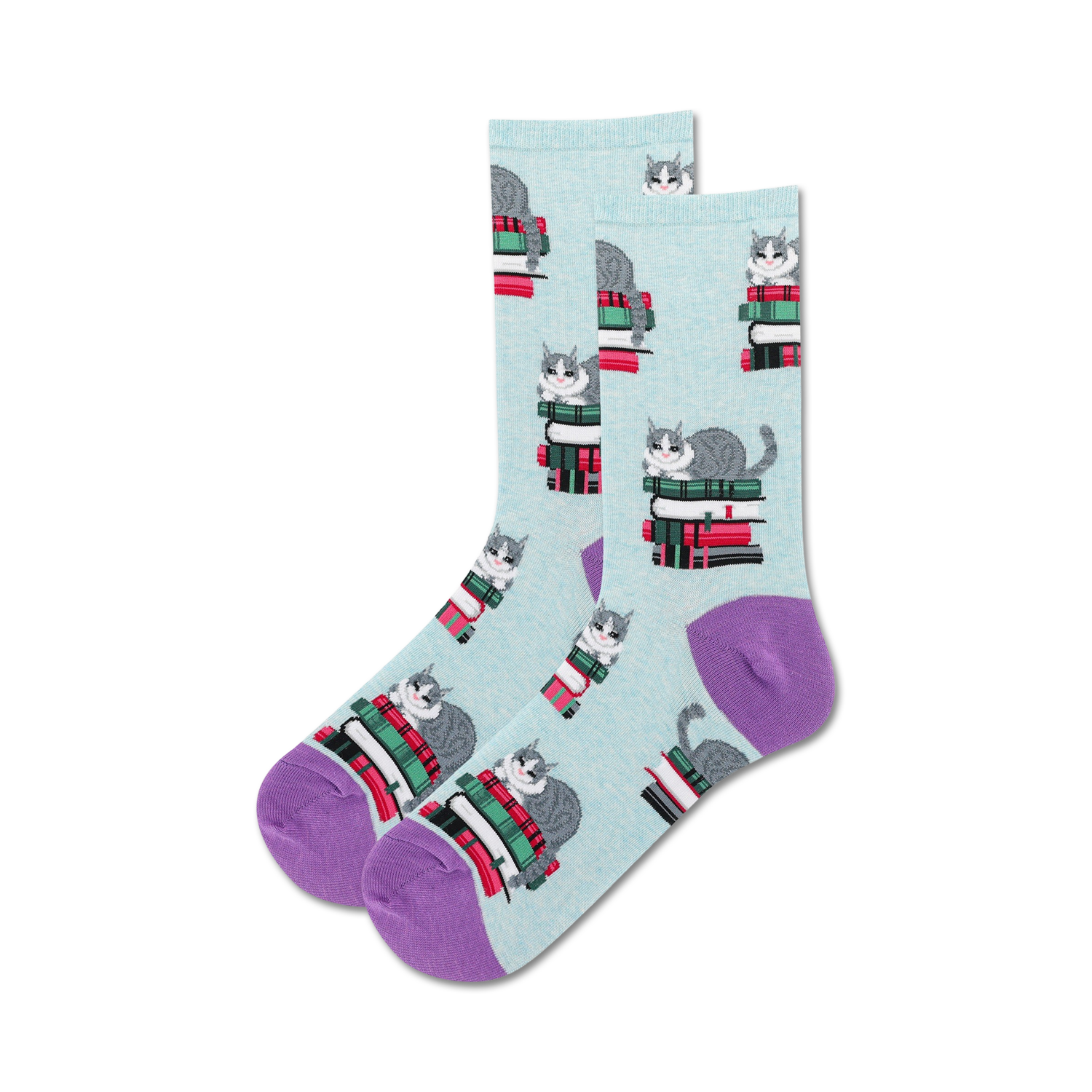 Pair of crew socks; light blue background, purple heel and toe; grey cat sitting on a stack of colorful books.