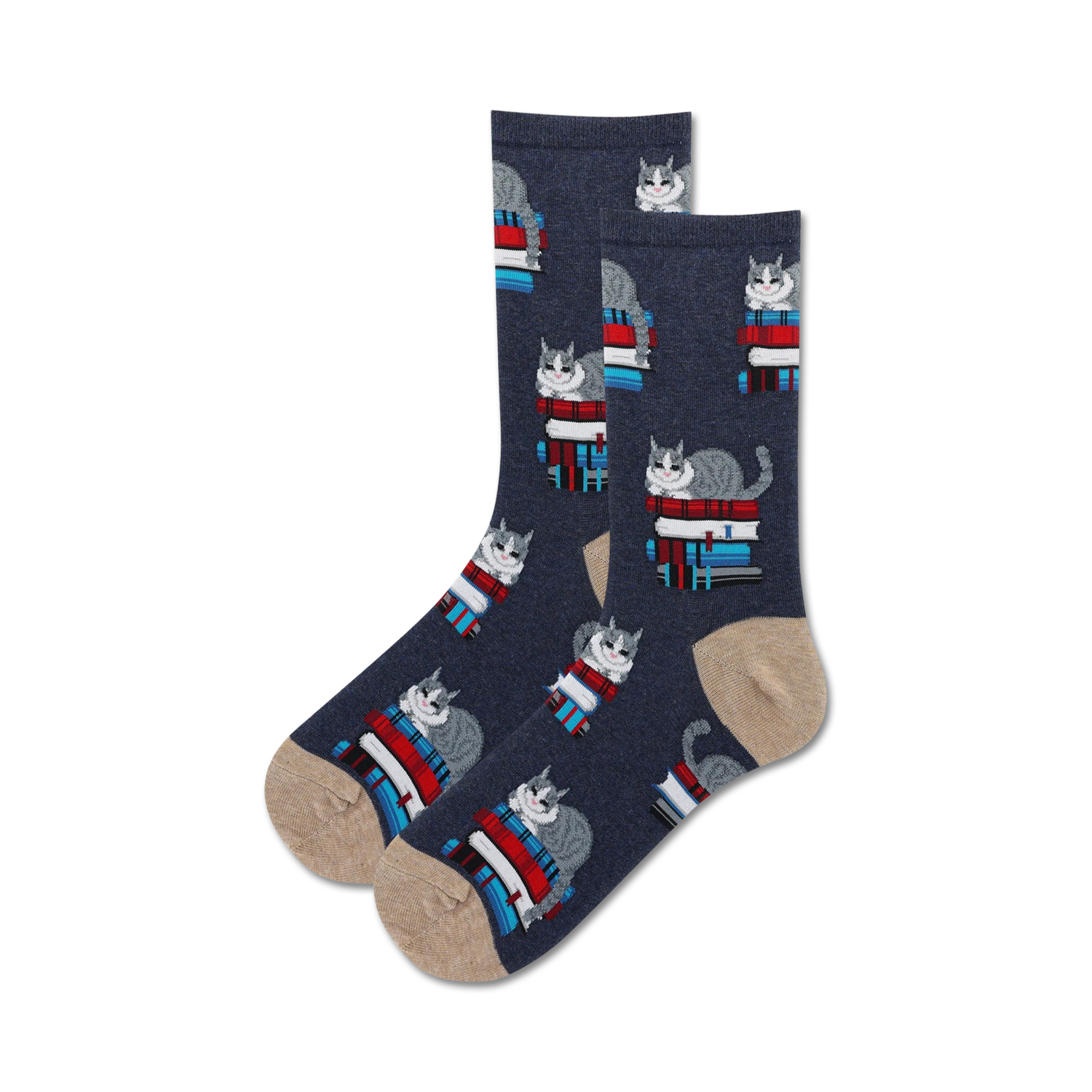 Close-up of dark blue crew socks with a tan cuff; featuring a pattern of grey cats on stacks of colorful books.
