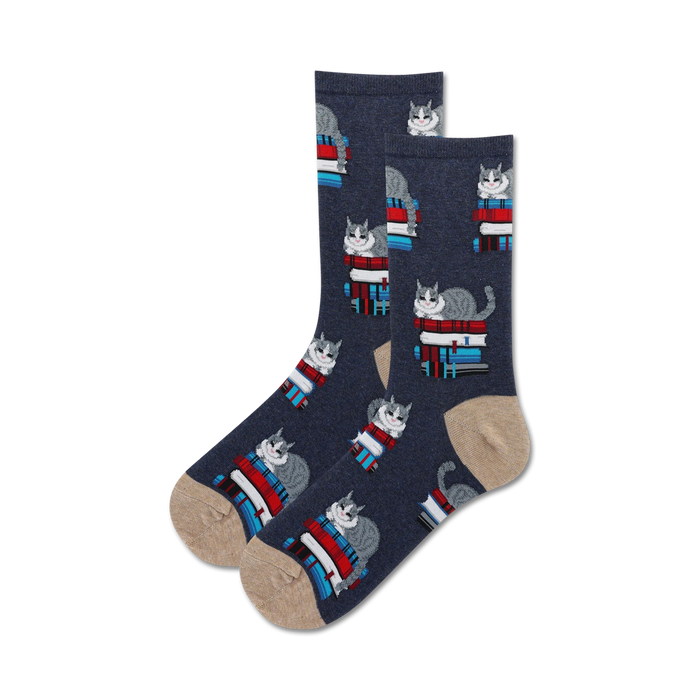cartoon cat crew socks with glasses perched on stacks of books. blue with brown toes and heels.  