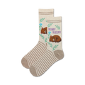 Pair of cream-colored fuzzy socks with brown sleeping bears, light blue flowers, and green leaves.  Features thin brown stripes and 'Beary Sleepy' text.