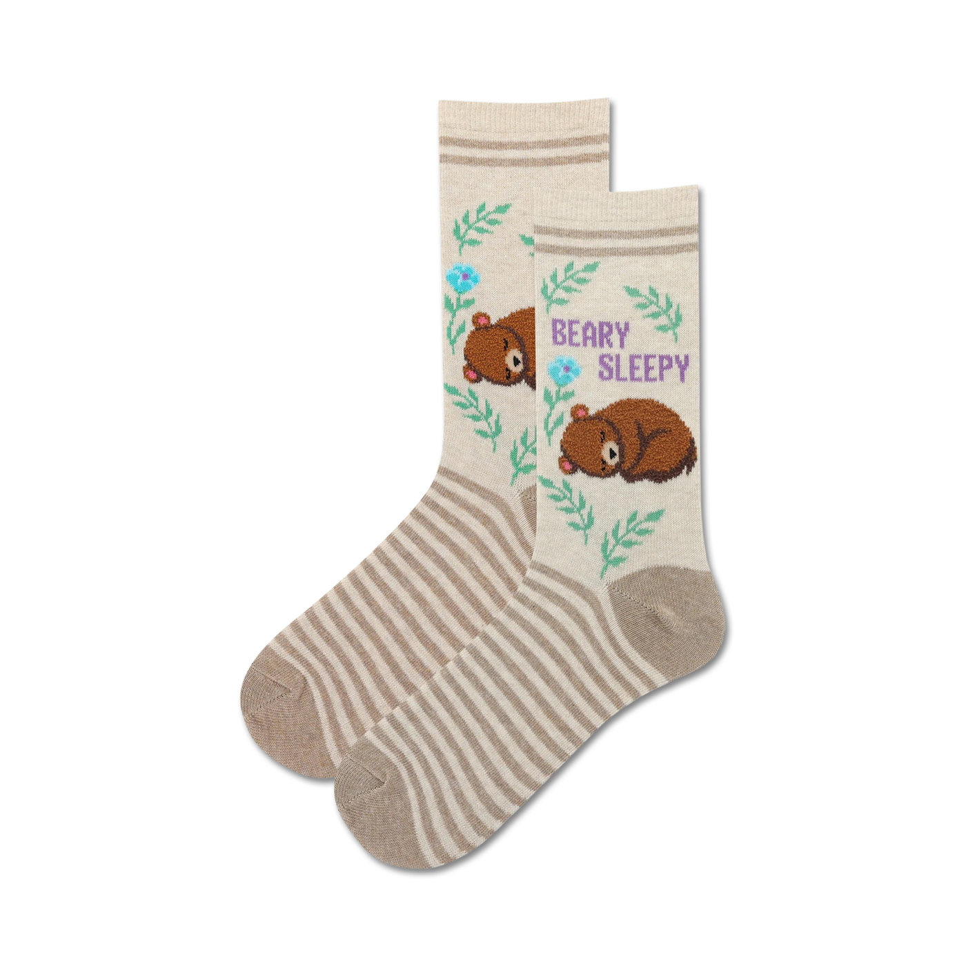 Pair of cream-colored fuzzy socks with brown sleeping bears, light blue flowers, and green leaves.  Features thin brown stripes and 'Beary Sleepy' text.