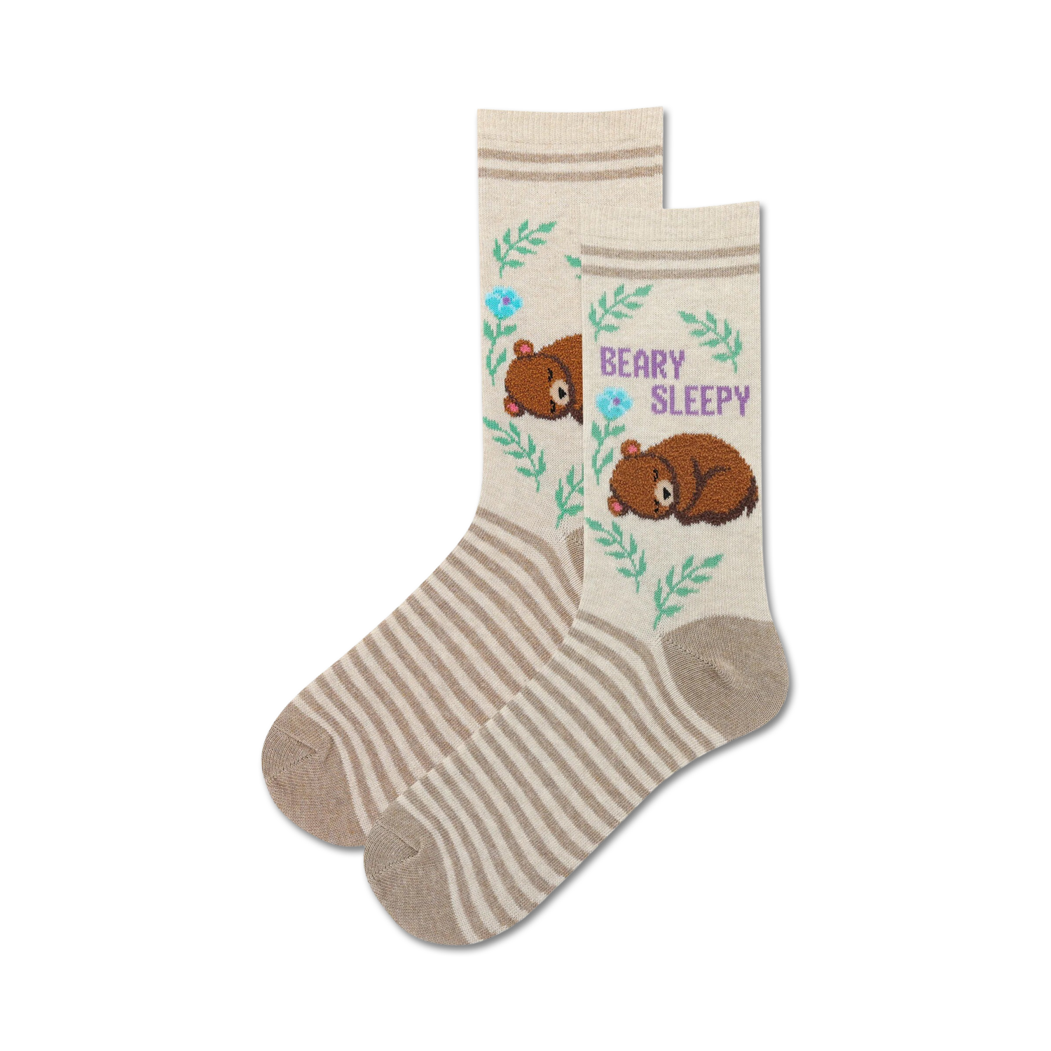 Pair of cream-colored fuzzy socks with brown sleeping bears, light blue flowers, and green leaves.  Features thin brown stripes and 'Beary Sleepy' text.