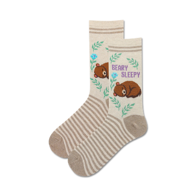 brown and beige crew socks featuring a whimsical bear and flower pattern with "beary sleepy" text.   