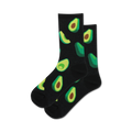 Pair of black crew socks adorned with vibrant green avocado illustrations.