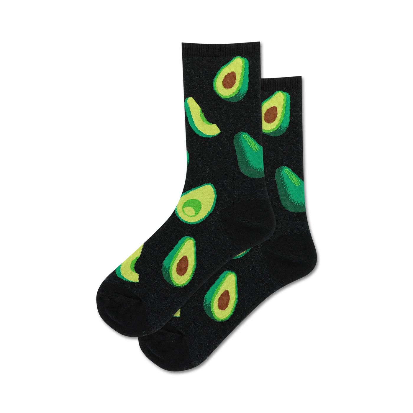 Pair of black crew socks adorned with vibrant green avocado illustrations.