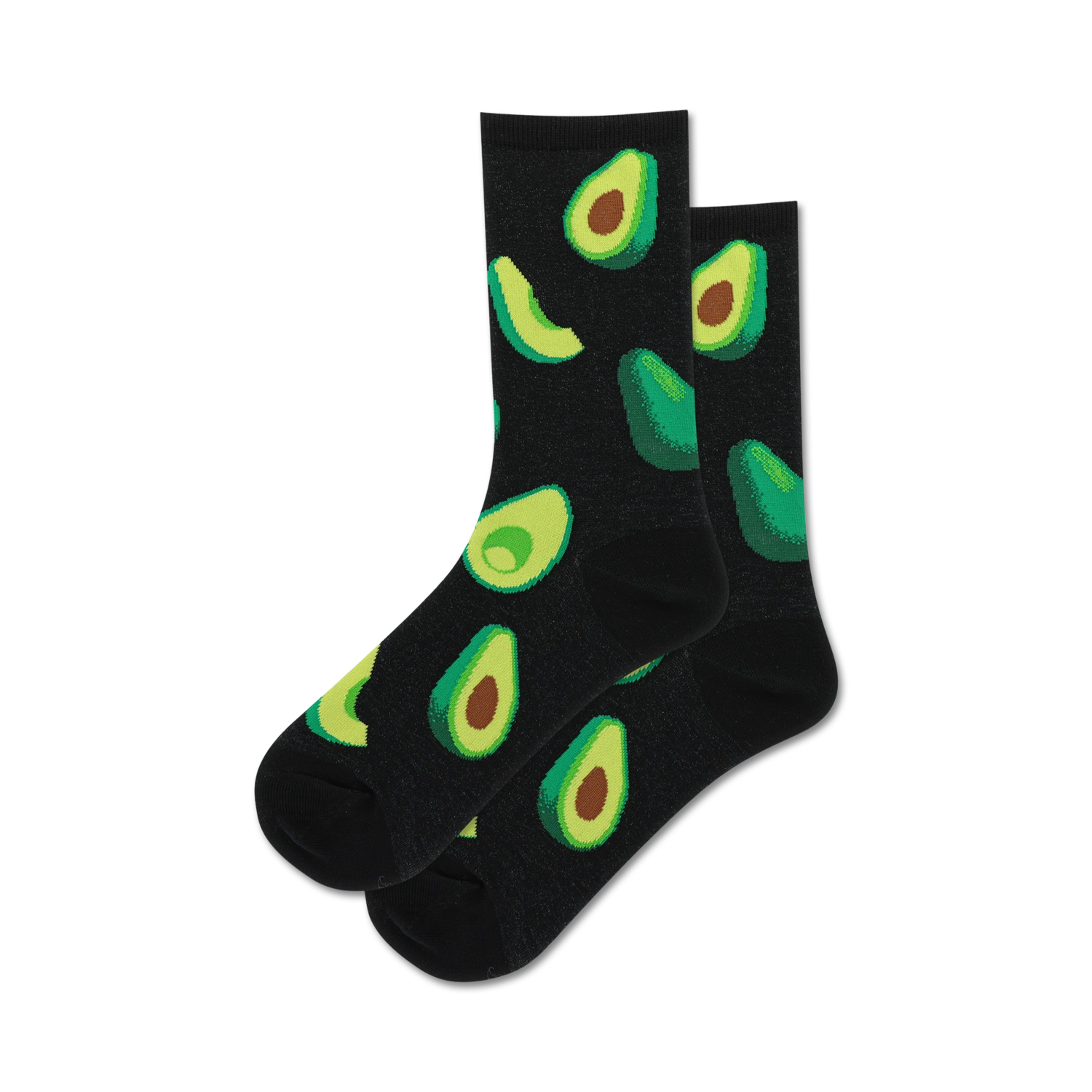 Pair of black crew socks adorned with vibrant green avocado illustrations.