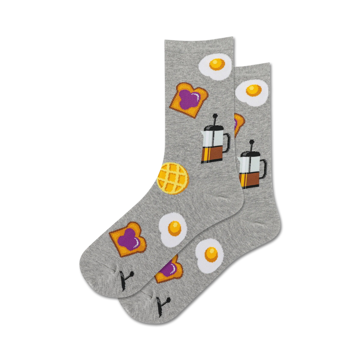 Pair of grey crew socks with fun breakfast-themed illustrations: fried eggs, toast, waffles, and coffee press.
