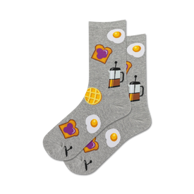gray crew socks feature a pattern of breakfast foods such as eggs, toast, waffles, coffee for women.   