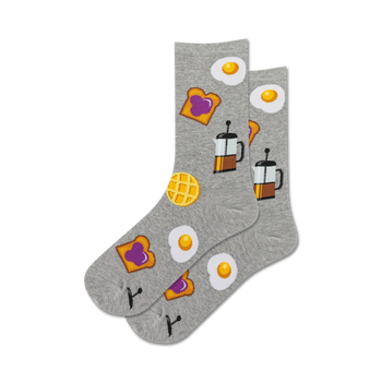 gray crew socks feature a pattern of breakfast foods such as eggs, toast, waffles, coffee for women.   
