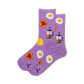 Lifestyle shot showing the purple Breakfast socks being worn.