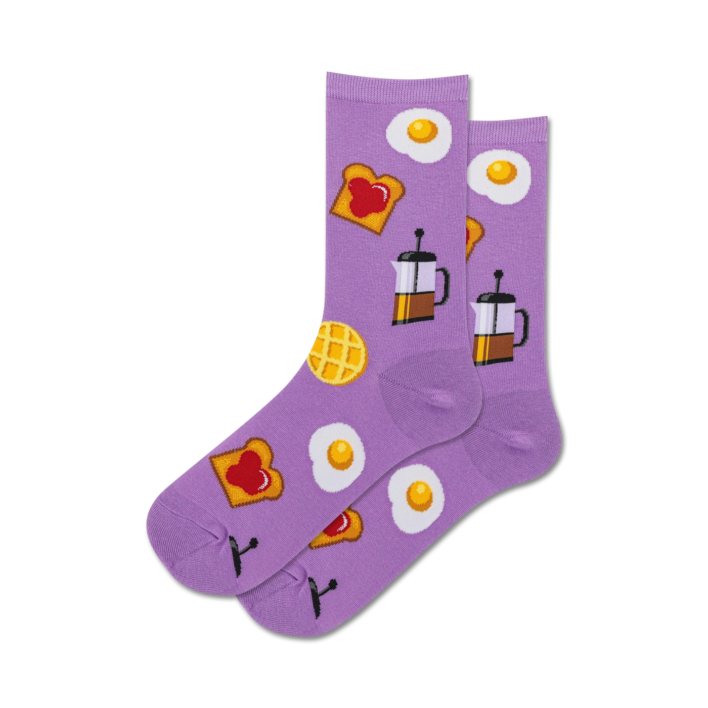 Lifestyle shot showing the purple Breakfast socks being worn.