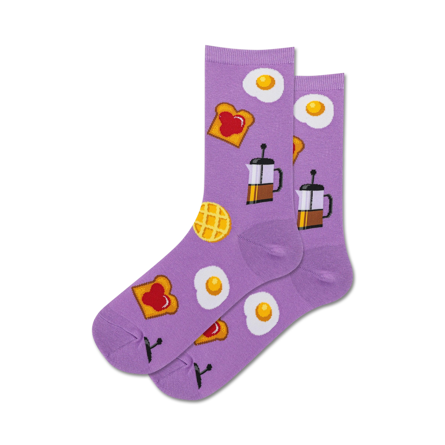Lifestyle shot showing the purple Breakfast socks being worn.