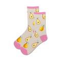 Pair of women's crew socks. Grey background with repeated pattern of yellow pears and pink cuffs.