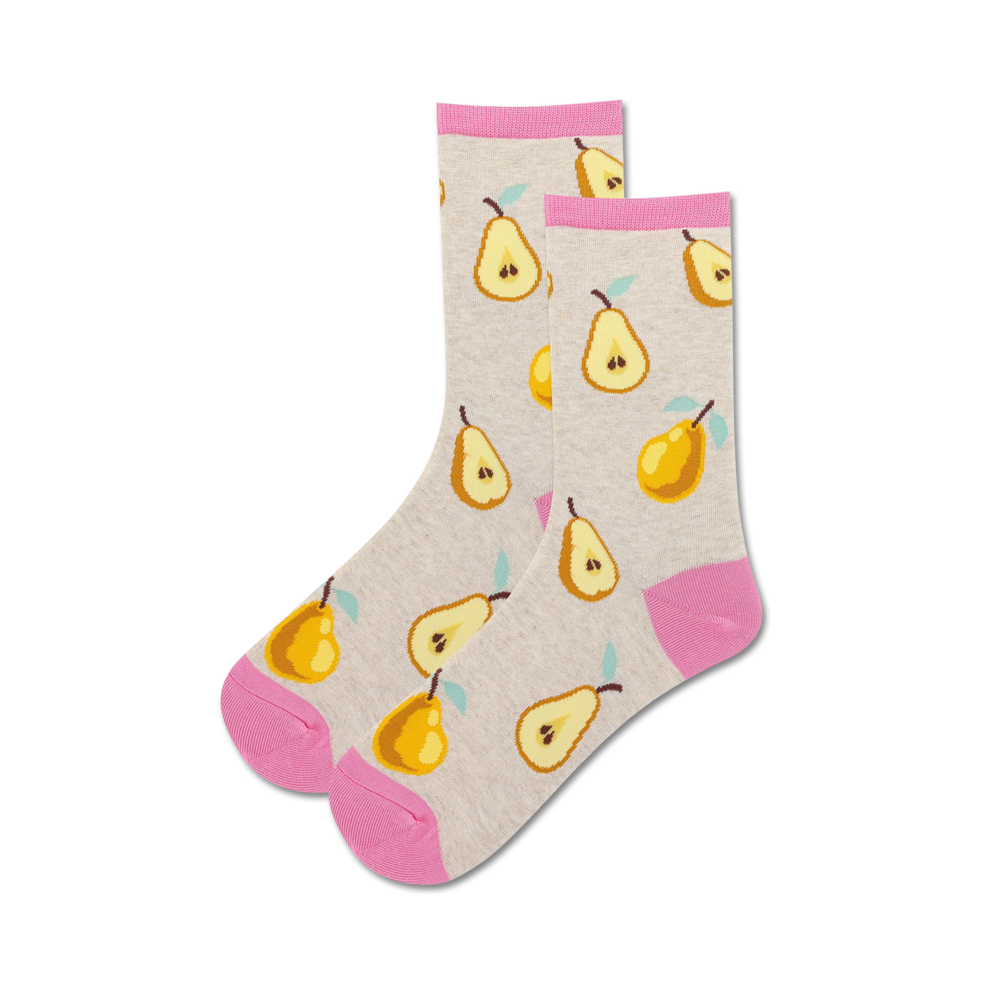 Pair of women's crew socks. Grey background with repeated pattern of yellow pears and pink cuffs.