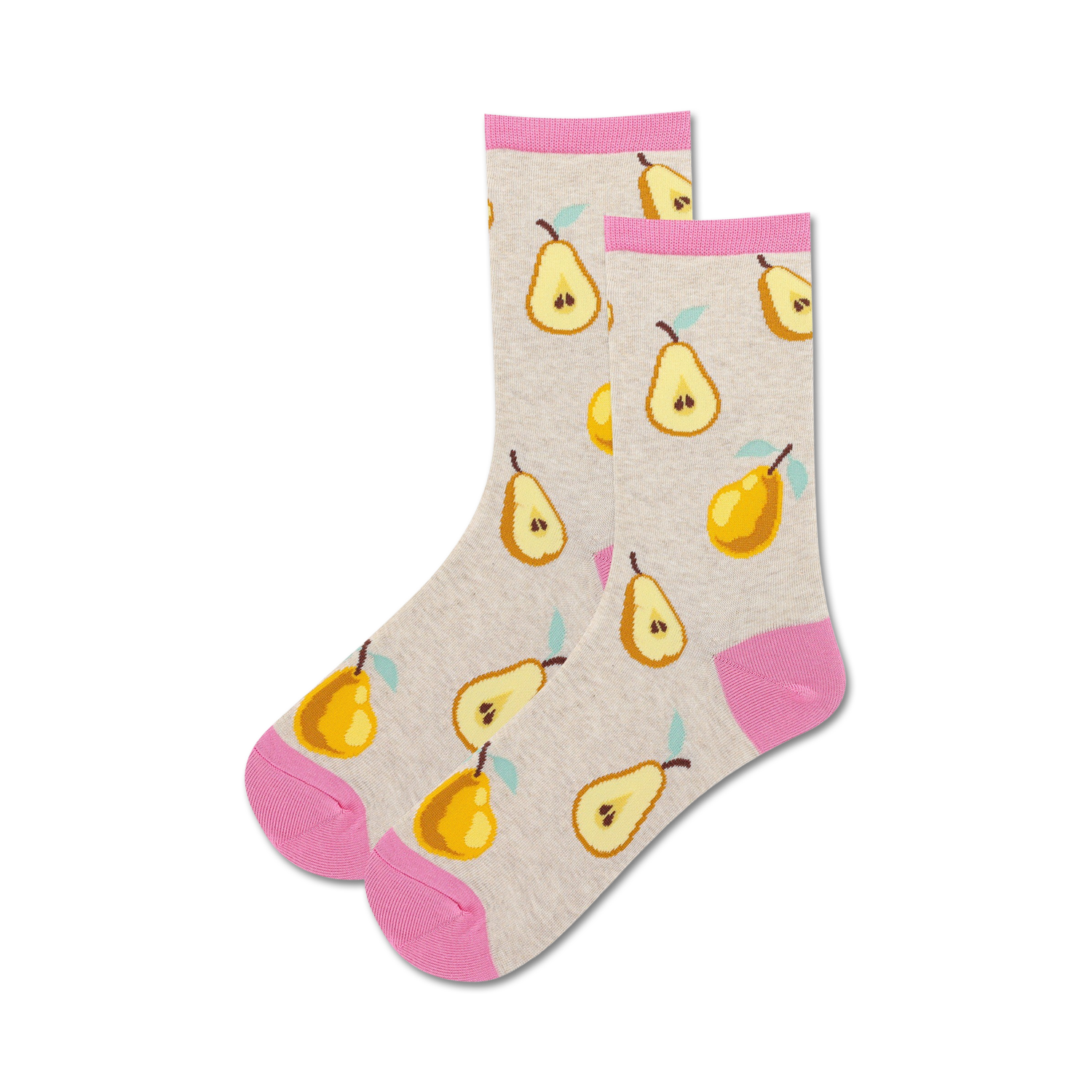 Pair of women's crew socks. Grey background with repeated pattern of yellow pears and pink cuffs.