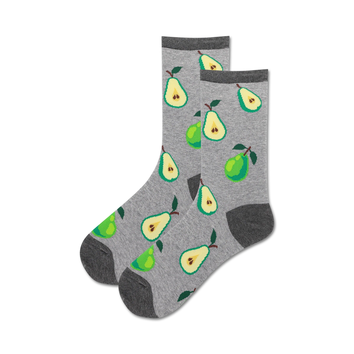 Lifestyle shot showing a person wearing the green pear socks with jeans.
