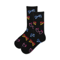 Pair of black crew socks with a pattern of colorful sunglasses. The sunglasses are in various colors, including red, yellow, blue, and pink.