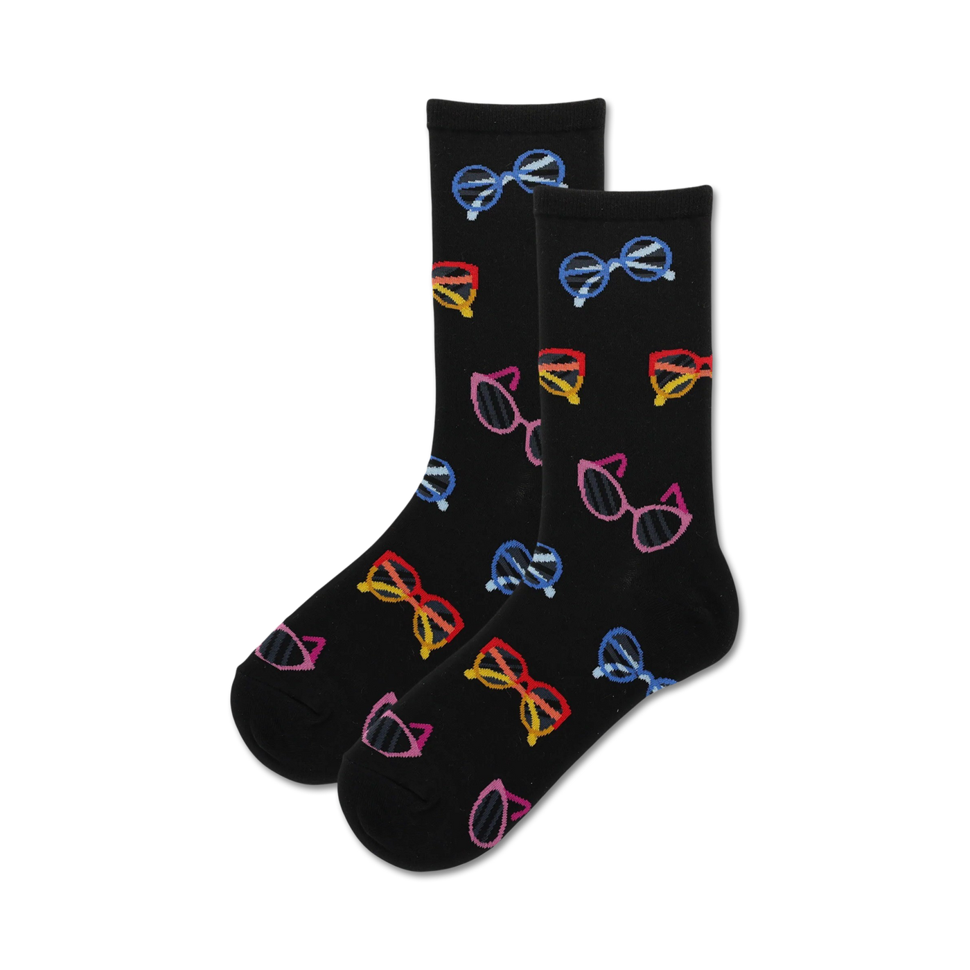 Pair of black crew socks with a pattern of colorful sunglasses. The sunglasses are in various colors, including red, yellow, blue, and pink.