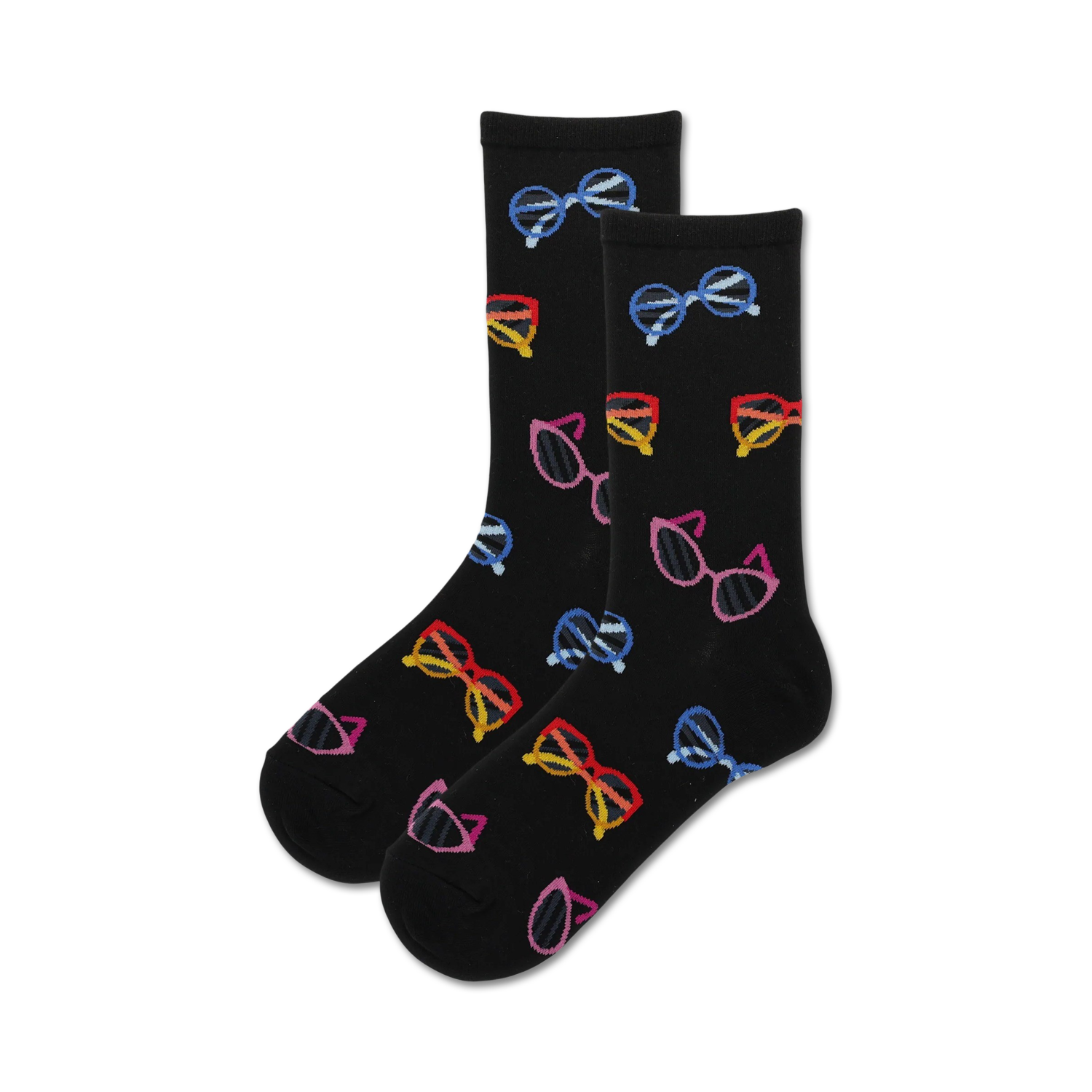 Pair of black crew socks with a pattern of colorful sunglasses. The sunglasses are in various colors, including red, yellow, blue, and pink.