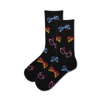 black crew socks with a colorful eyeglasses pattern made from a soft cotton blend.   