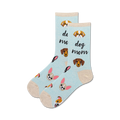A pair of light blue crew socks with illustrations of various dog breeds and the text 'Dog Mom'.