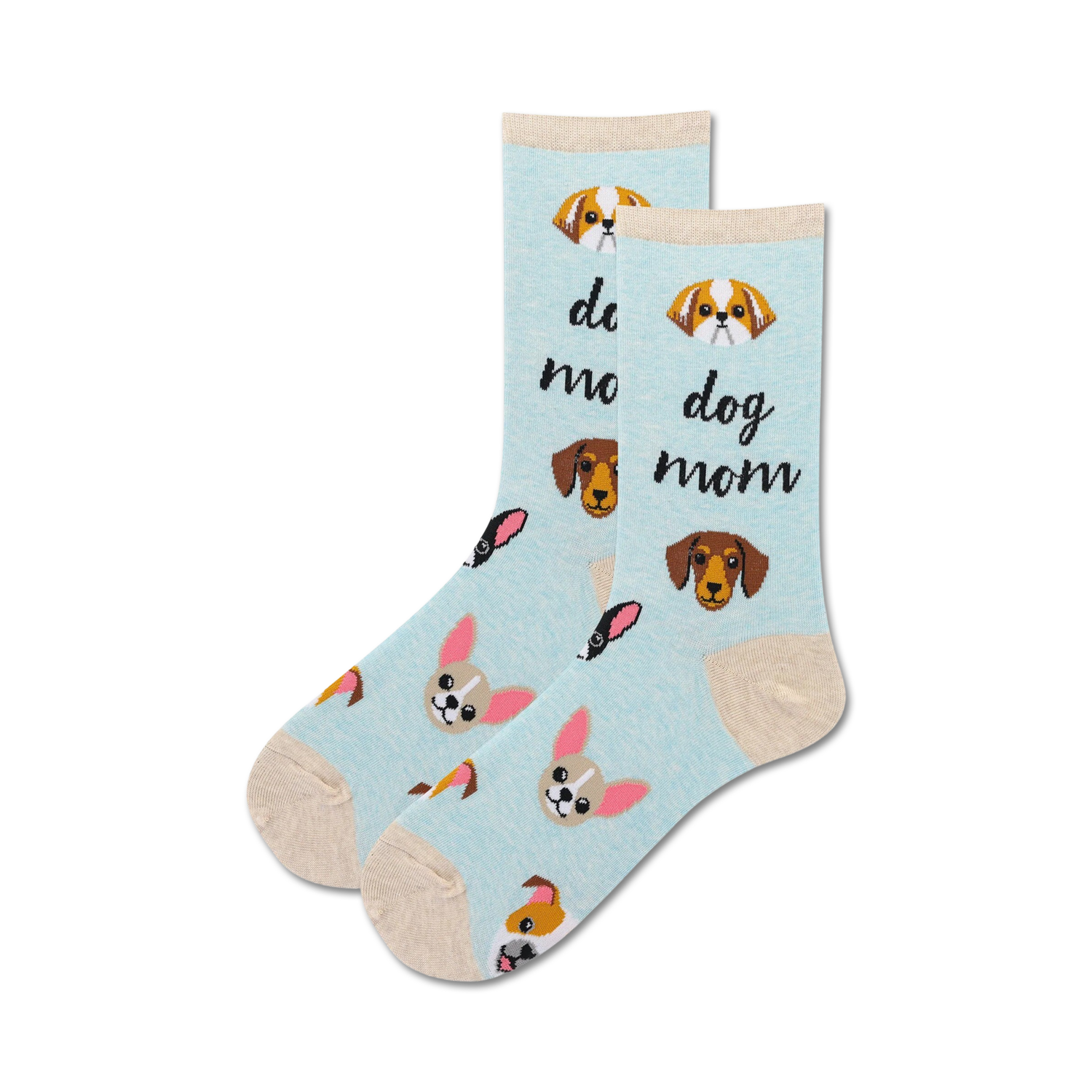 A pair of light blue crew socks with illustrations of various dog breeds and the text 'Dog Mom'.