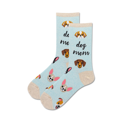 light blue crew socks for women with a cartoon dog pattern.  