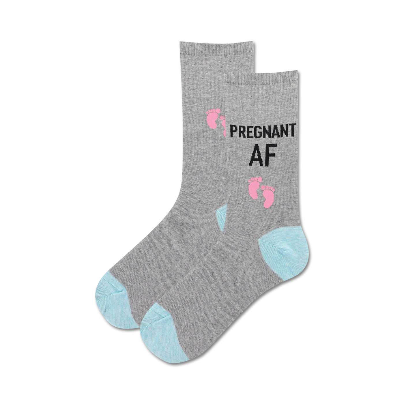 Pair of grey crew socks with light blue heels and toes.  'Pregnant AF' is printed on the socks along with pink baby footprints.