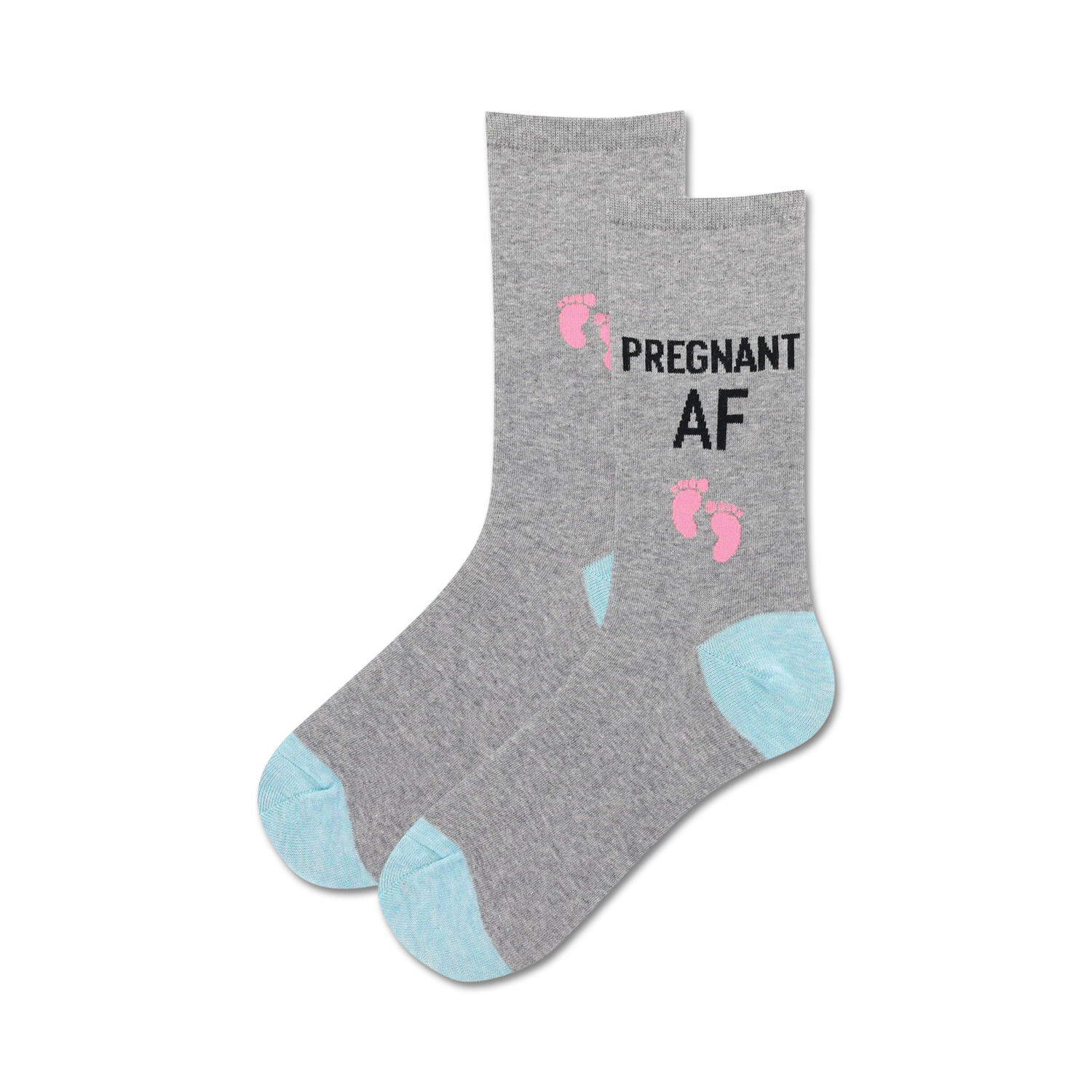 Pair of grey crew socks with light blue heels and toes.  'Pregnant AF' is printed on the socks along with pink baby footprints.