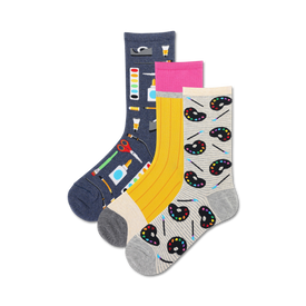 women's artist palettes 3 pack crew socks. featuring paint palettes, paintbrushes, scissors, glue, tape, & pencils.   