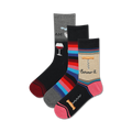 Three crew socks: one black with wine glass, one striped in red, pink, blue and grey, and one beige with a corkscrew graphic and 'Screw it' text.