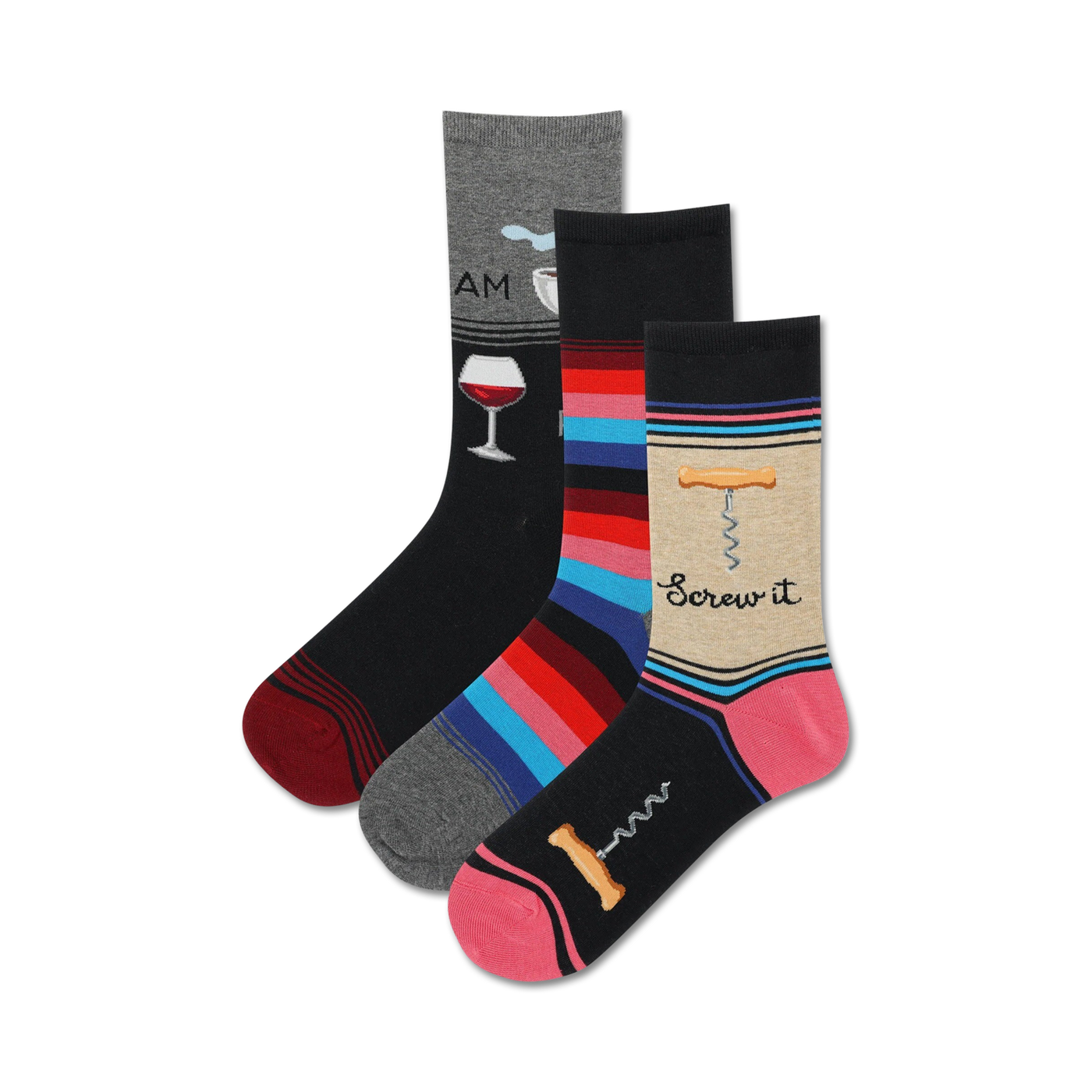 Three crew socks: one black with wine glass, one striped in red, pink, blue and grey, and one beige with a corkscrew graphic and 'Screw it' text.