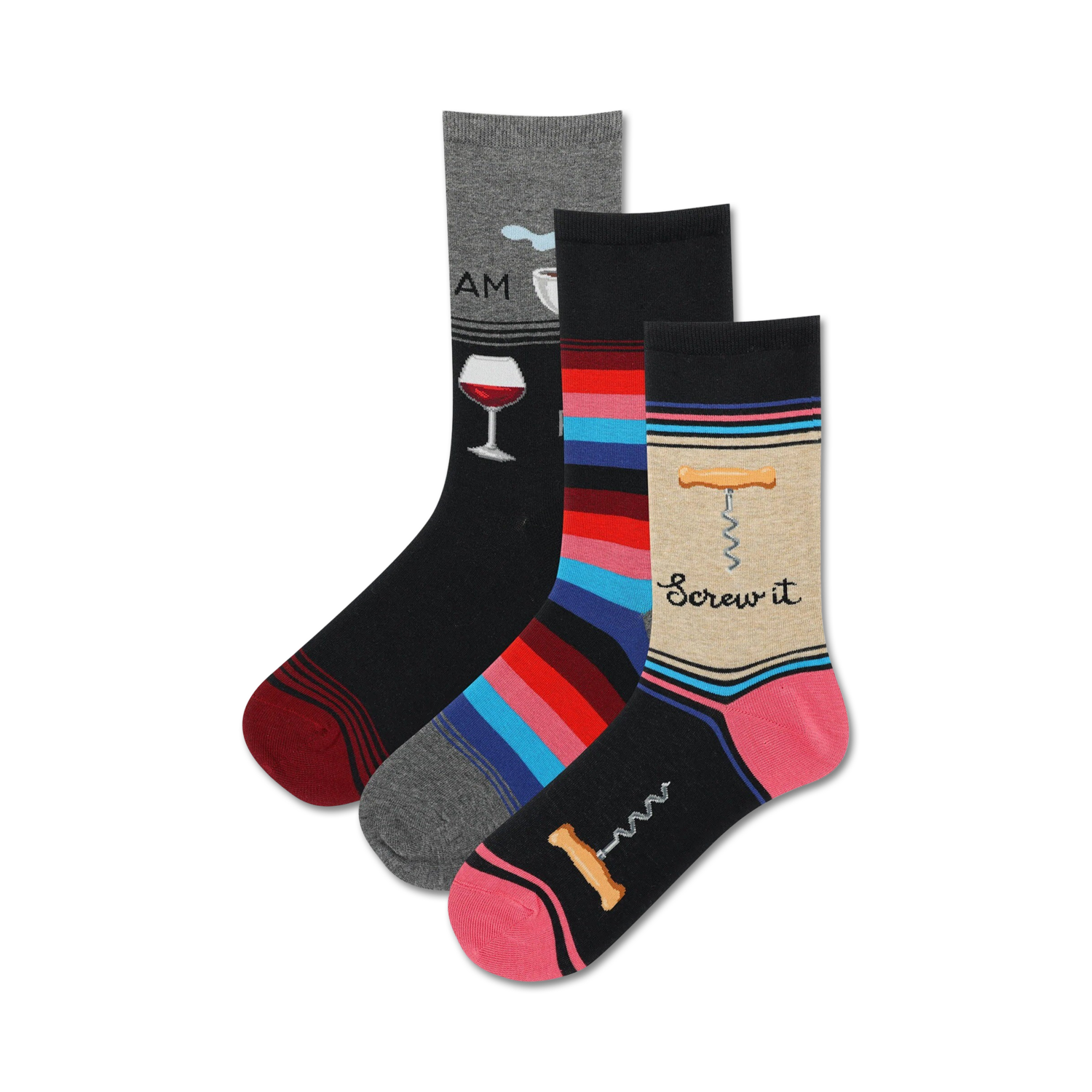 Three crew socks: one black with wine glass, one striped in red, pink, blue and grey, and one beige with a corkscrew graphic and 'Screw it' text.