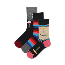 womens screw it 3-pack crew socks feature red, blue and light blue stripes, a wine glass, and a corkscrew pattern.  