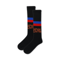 Pair of black crew socks with brown cheetah print and red, blue, and white stripes near the ankle.