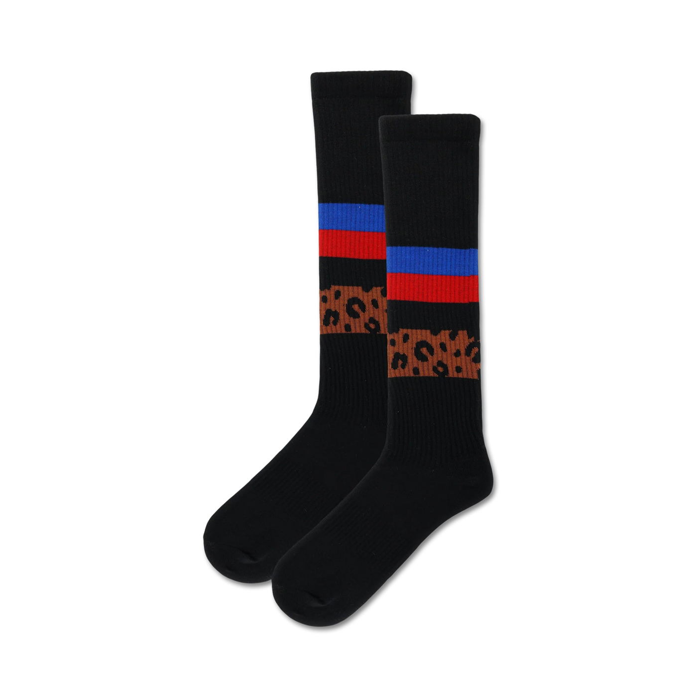 Pair of black crew socks with brown cheetah print and red, blue, and white stripes near the ankle.