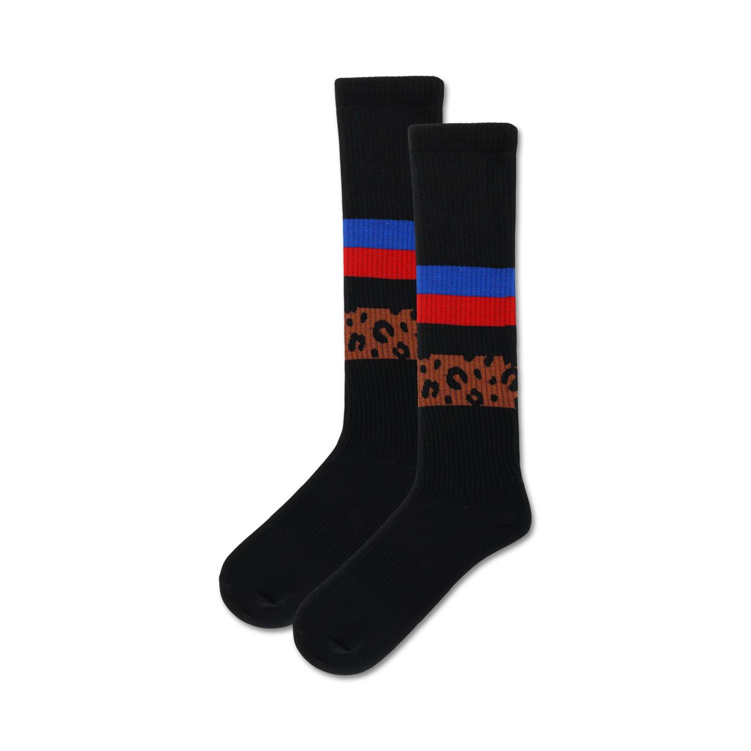 Pair of black crew socks with brown cheetah print and red, blue, and white stripes near the ankle.