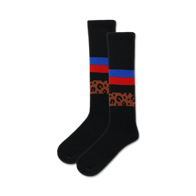 black knee high socks with brown and orange cheetah stripe pattern in the middle and red, white, and blue stripes near the top.  