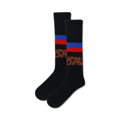 black knee high socks with brown and orange cheetah stripe pattern in the middle and red, white, and blue stripes near the top.  