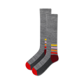 Pair of grey ankle socks with colorful horizontal stripes near the cuff. Red, orange, yellow, and pink stripes on a dark grey background.