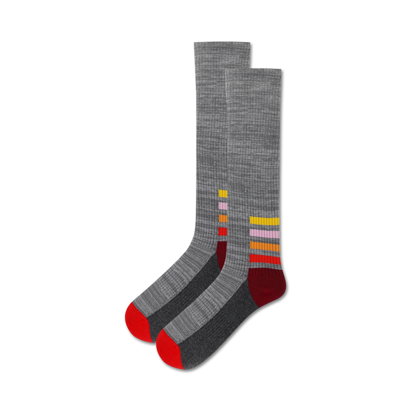 Pair of grey ankle socks with colorful horizontal stripes near the cuff. Red, orange, yellow, and pink stripes on a dark grey background.