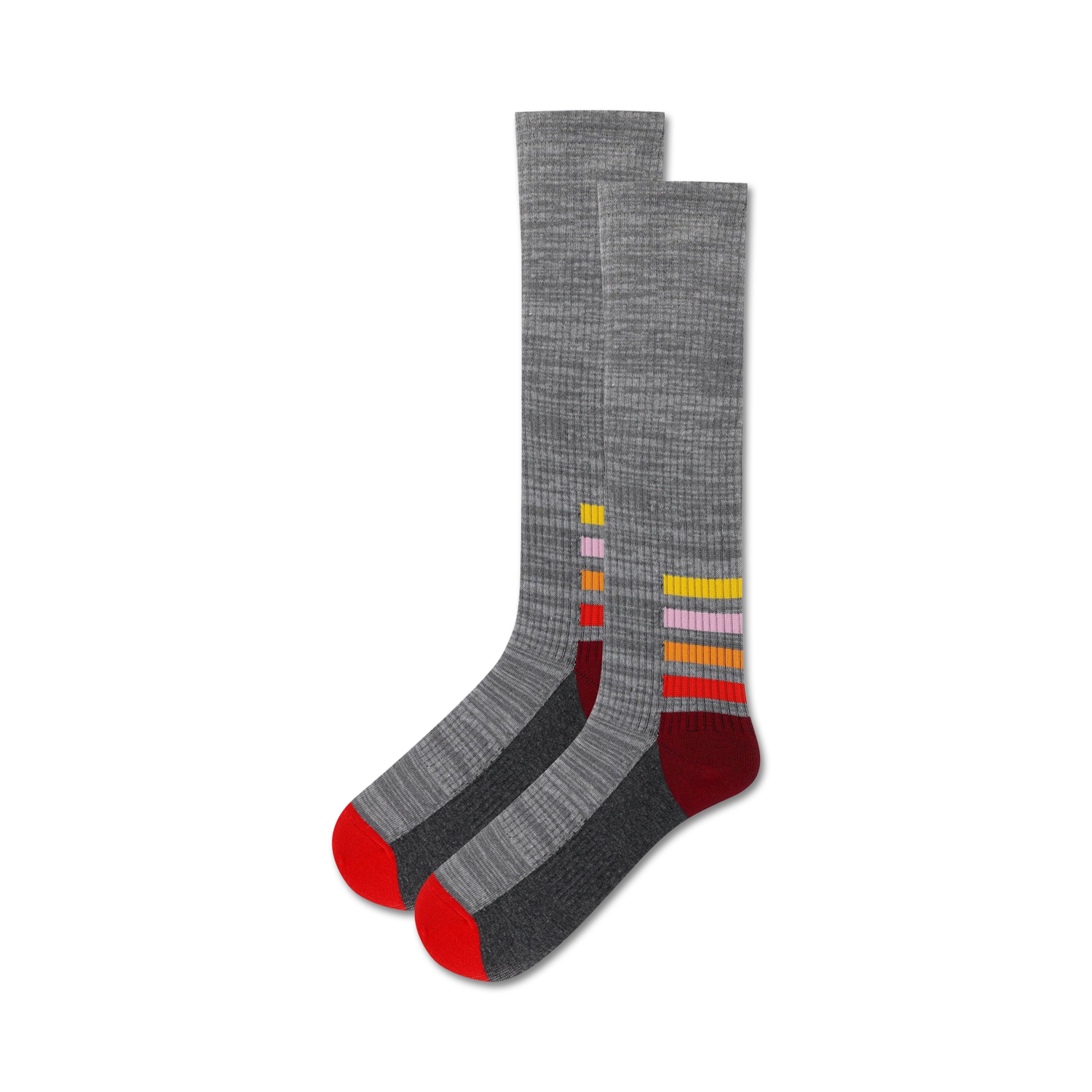 Pair of grey ankle socks with colorful horizontal stripes near the cuff. Red, orange, yellow, and pink stripes on a dark grey background.