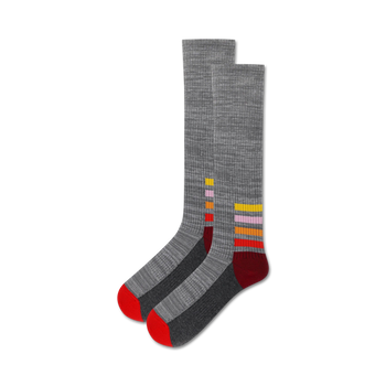 gray knee-high socks with red toe and red-orange ankle stripes made for women.    