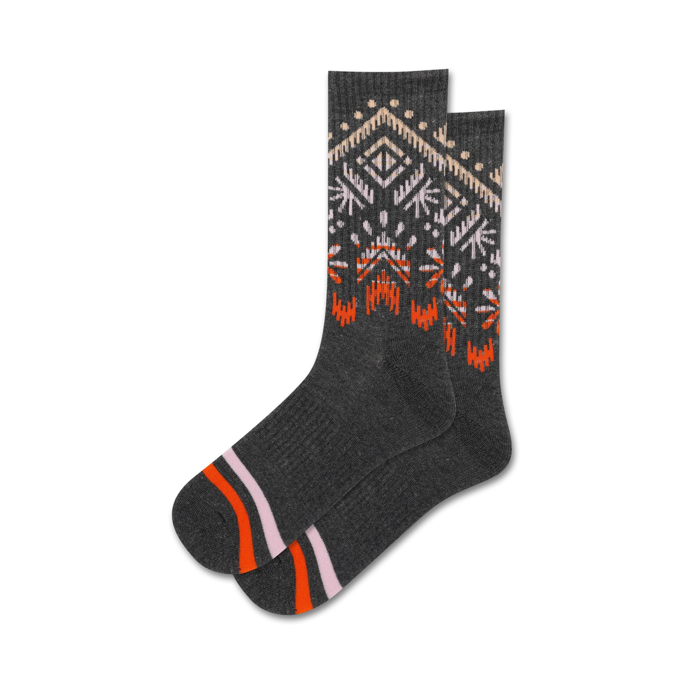 Pair of charcoal gray crew socks with a geometric ombre pattern in orange and pink. The design features a subtle gradient effect.