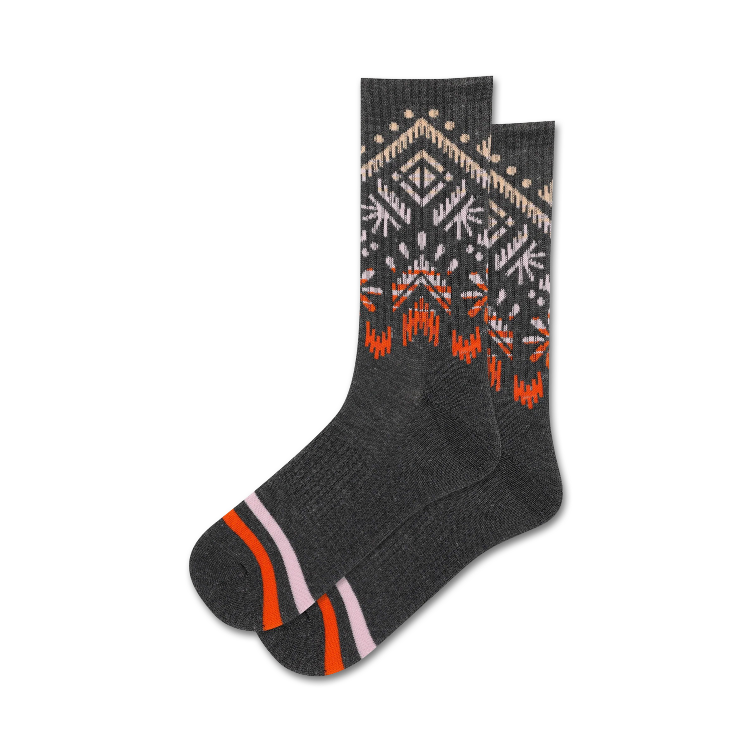 Pair of charcoal gray crew socks with a geometric ombre pattern in orange and pink. The design features a subtle gradient effect.