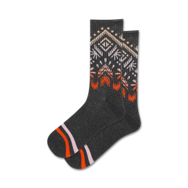 gray crew socks with geometric pattern fading from orange to pink at top.  