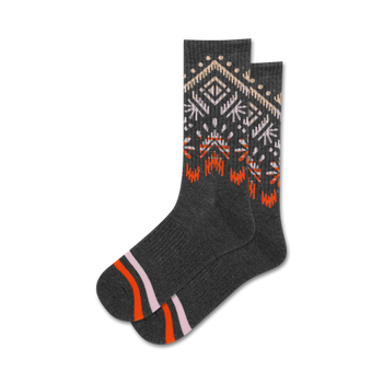gray crew socks with geometric pattern fading from orange to pink at top.  