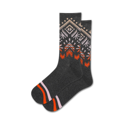 gray crew socks with geometric pattern fading from orange to pink at top.  