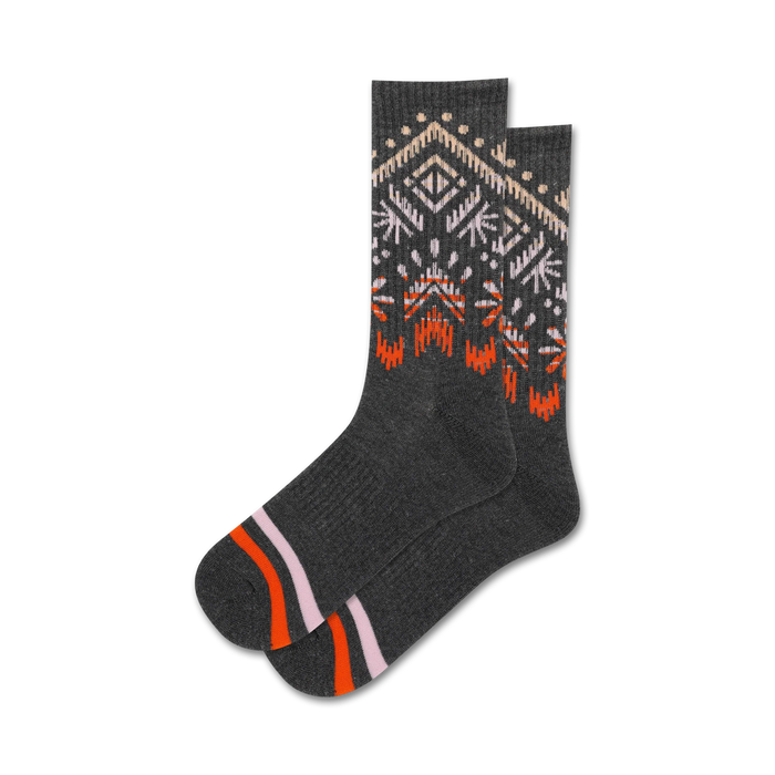 gray crew socks with geometric pattern fading from orange to pink at top.   }}